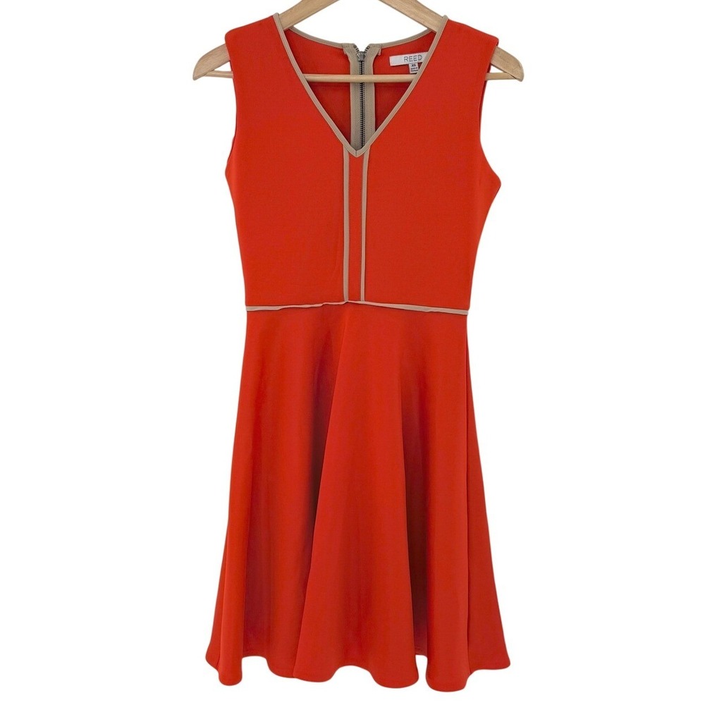 Reed Geranium Orange Fit and Flare Dress with‎ Tan Piping V-Neck XS